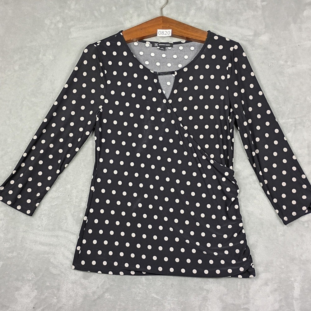 INC Polka Dot Top Womens Medium Black Faux Wrap 3/4 Sleeve Y2K 90s Vintage Boho